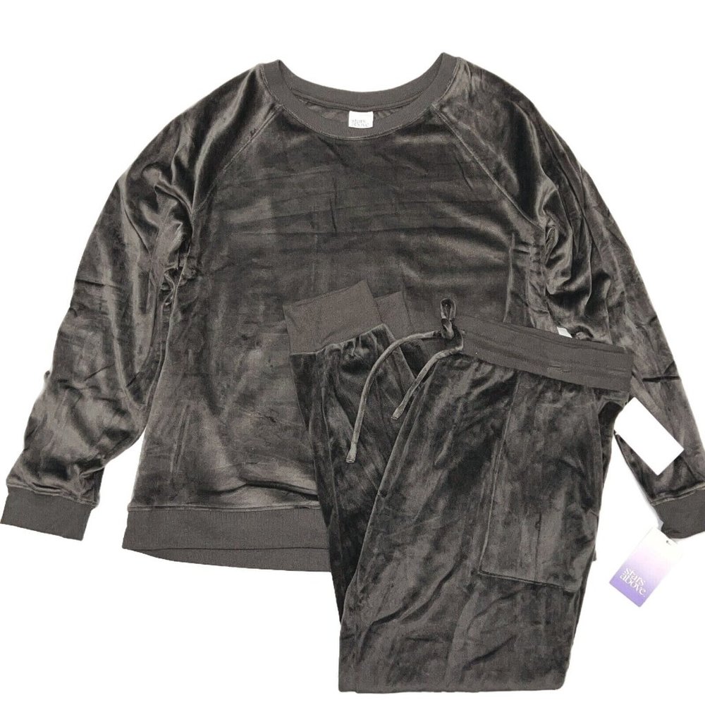 S Velour Fleece Lounge Set Top & Joggers Gray SMALL EUC